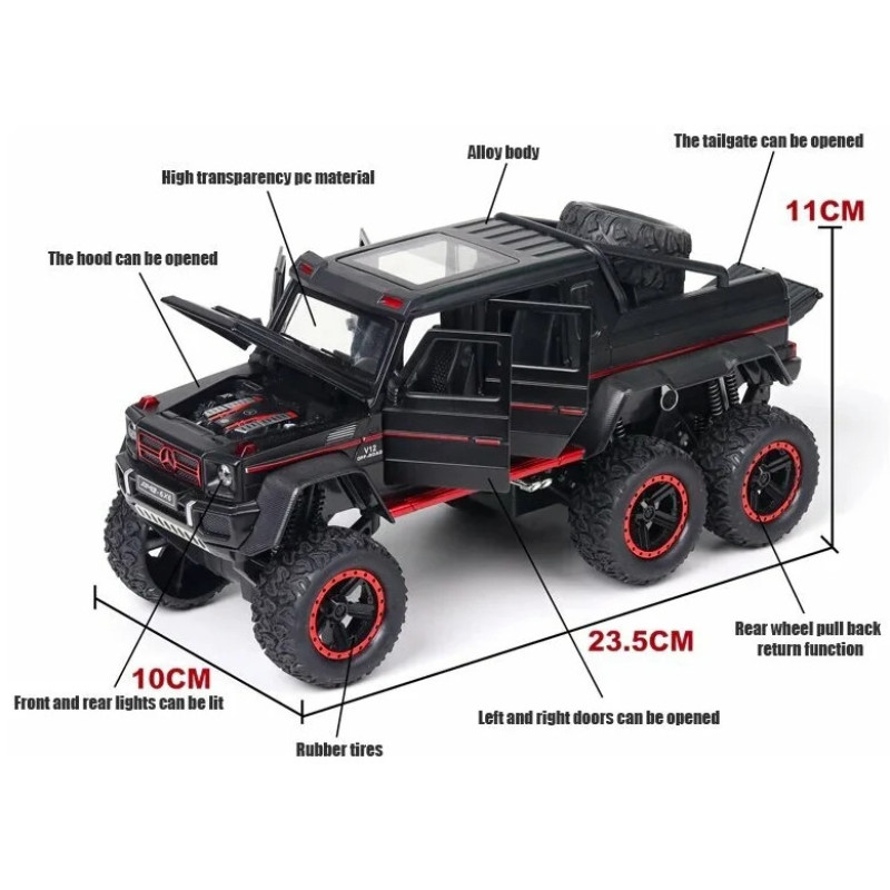 Машинка металева дитяча Mercedes-Benz G63 AMG 6x6, позашляховик, білий, Автоексперт, 1:24, світло, інерція, відкриваються двері, багажник, капот, 22*10*9см (GT - 07906)