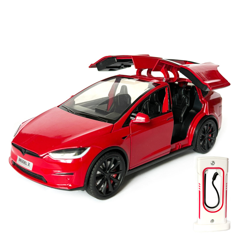 Машинка металева Tesla Model X Electrocar Тесла Модель X Електрокар червона 1:24 зарядна станція звук світло відч двері капот багажник гум колеса 18*6*8см (AP7712)