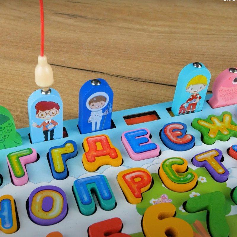 Логічна дошка сортер українська абетка дерево WToys рибалка цифри математичні знаки тварини транспорт фрукти професії кольори (62746/31592)
