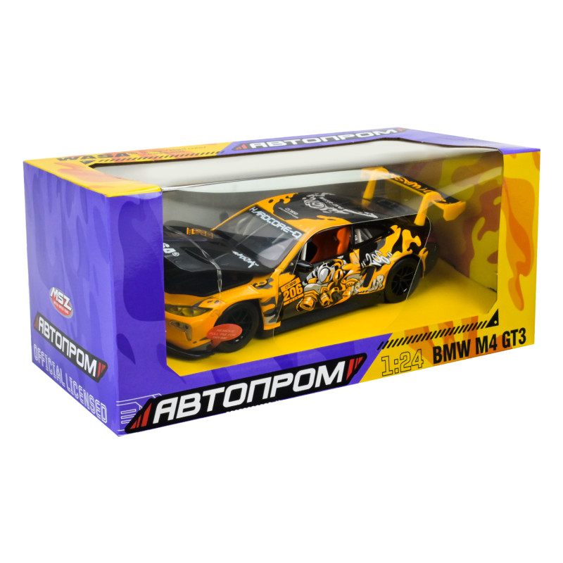 Машина металл BMW M4 GT3 WASA Design БМВ Автопром желтая 1:24 свет звук 21*8,5*5,5 см (68296A(Y))