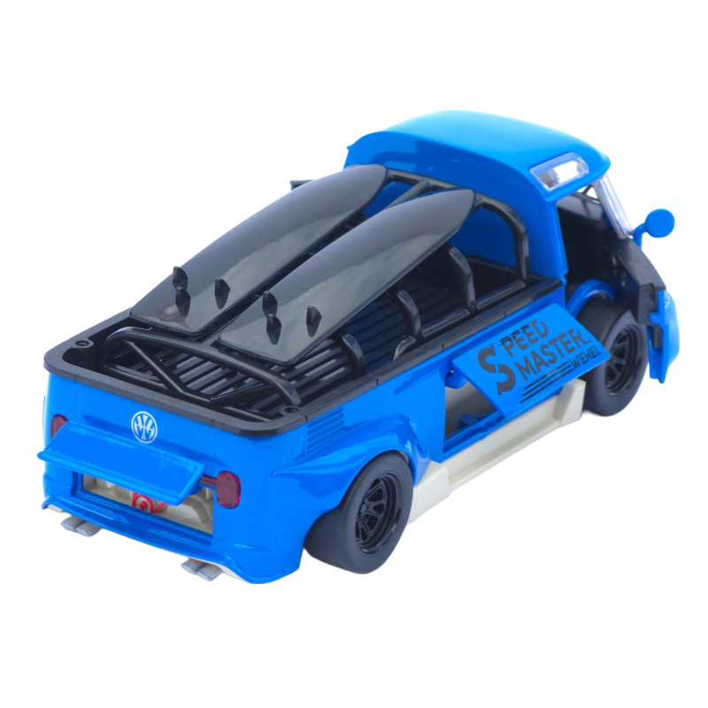 Машинка металл Volkswagen Type 2 (T1) синяя 1:32 свет звук инерция откр двери 2 доски (TK-19102)