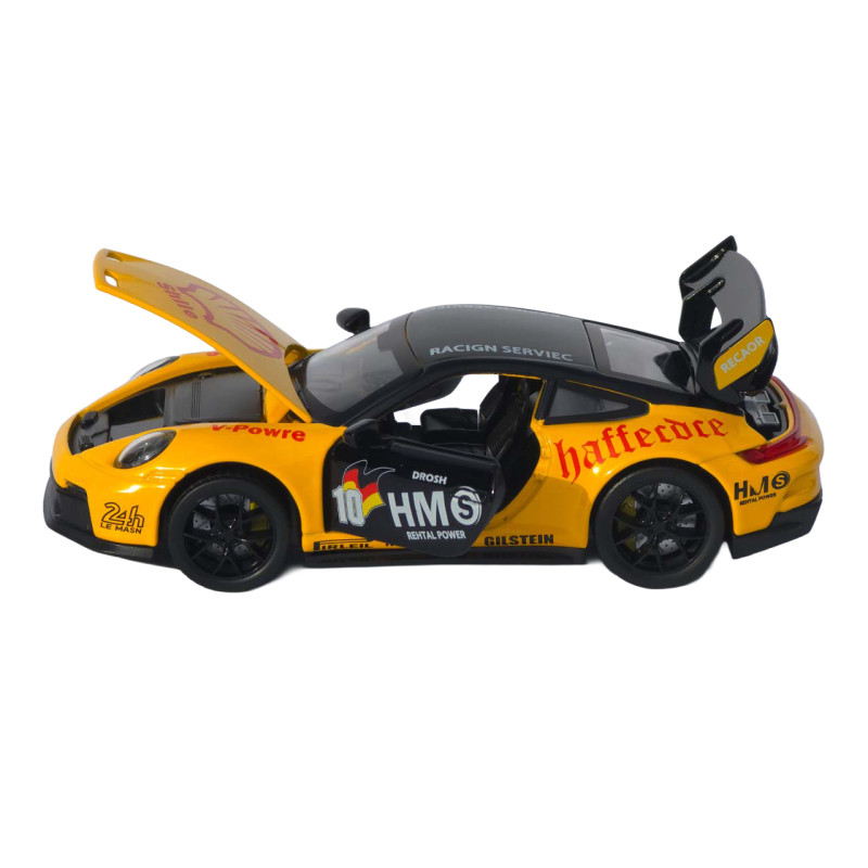 Машинка металл Porsche 911 GT3 RS Порше желтая 1:32 свет звук открыв двери капот багажник (TK-11356)