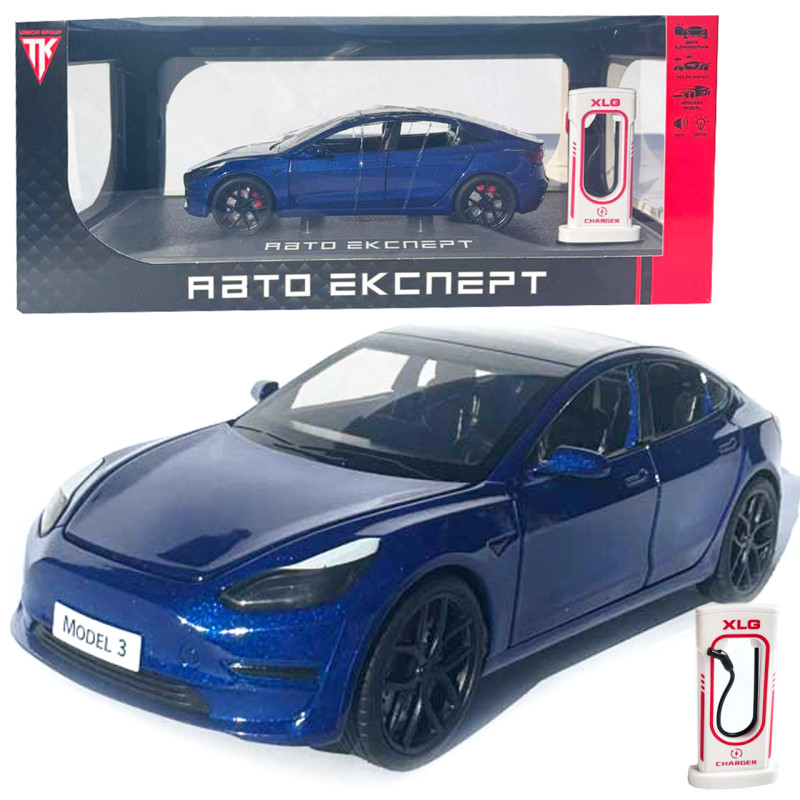 Машинка метал Tesla model 3 синя Тесла 1:24 відкр двері баг капот звук світло 18,5*6*8,5см (EL-94022)
