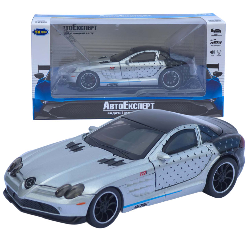 Машинка металл Mercedes-Benz SLR McLaren 722 серебристый 1:32 свет звук открыв двери капот багаж (TK-11073)