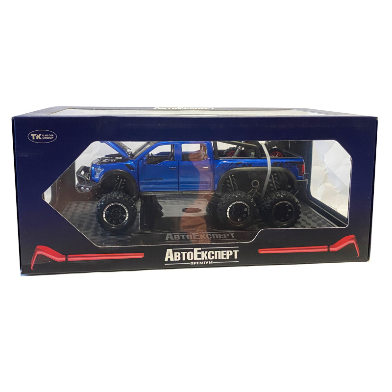 Машинка металева дитяча Ford Raptor з мотоциклом позашляховик, синій, Автоексперт, 1:24, світло, інерція, відкриваються двері, багажник, капот, 21*9*9см (GT - 02291)