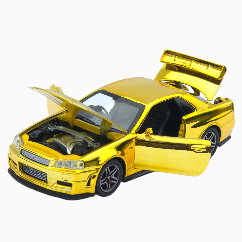 Машинка метал Nissan Skyline GT-R (R34) АвтоЕксперт золотиста хром 1:32 звук світло інерція (ТК-9360)