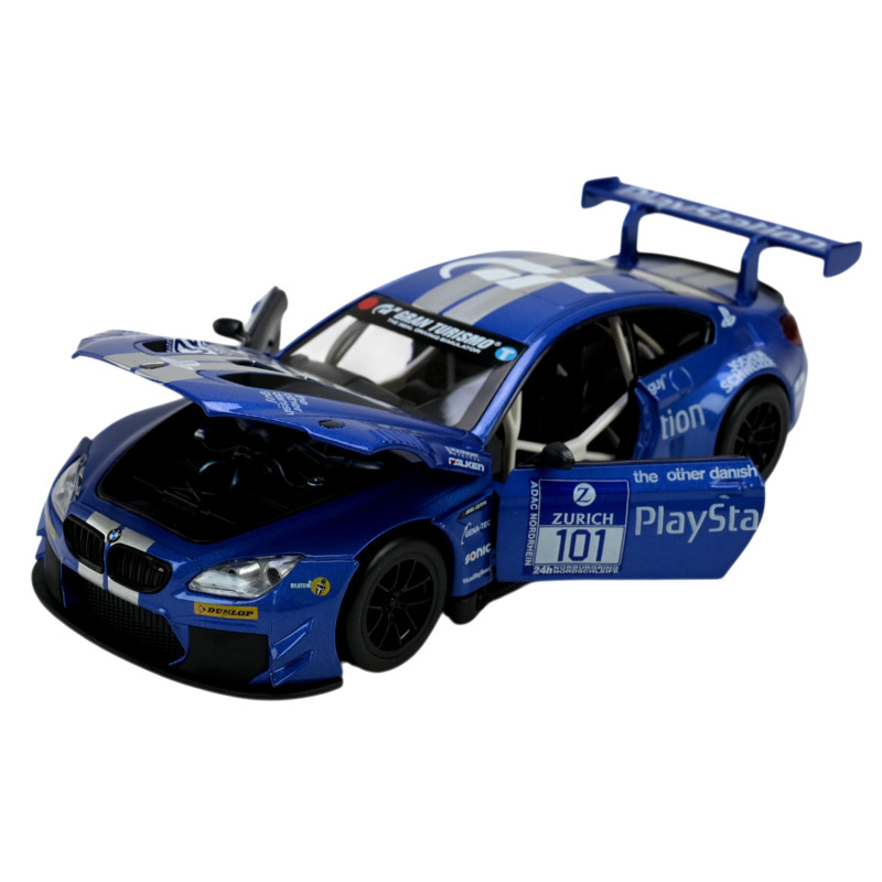Машинка металева BMW M6 GT3 синя 1:24 світло звук відкр двері капот 20,5*8,5*5,5 см (68255B)