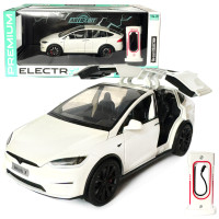 Машинка металева Tesla Model X Electrocar Тесла Модель X Електрокар біла 1:24 зарядна станція звук світло відч двері капот багажник гум колеса 18*6*8см (AP-2004)