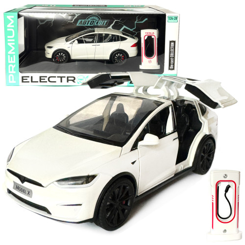Машинка металева Tesla Model X Electrocar Тесла Модель X Електрокар біла 1:24 зарядна станція звук світло відч двері капот багажник гум колеса 18*6*8см (AP-2004)