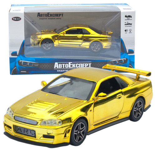 Машинка метал Nissan Skyline GT-R (R34) АвтоЕксперт золотиста хром 1:32 звук світло інерція (ТК-9360)