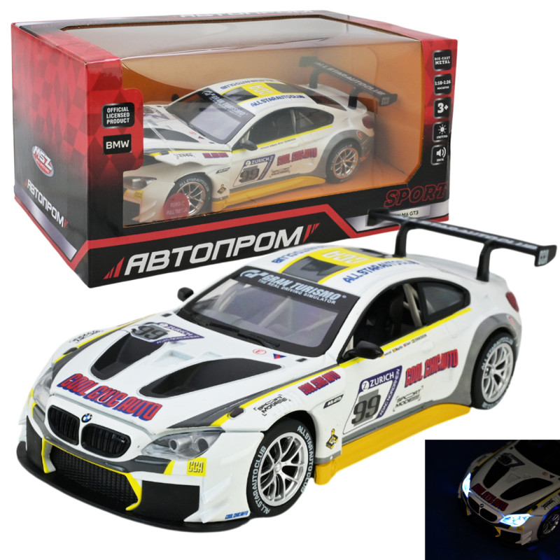 Машина метал BMW M6 GT3 біла БМВ 1:24 Автопром світло звук відкр.двері 21*8,5*5,5см (68278A(W))