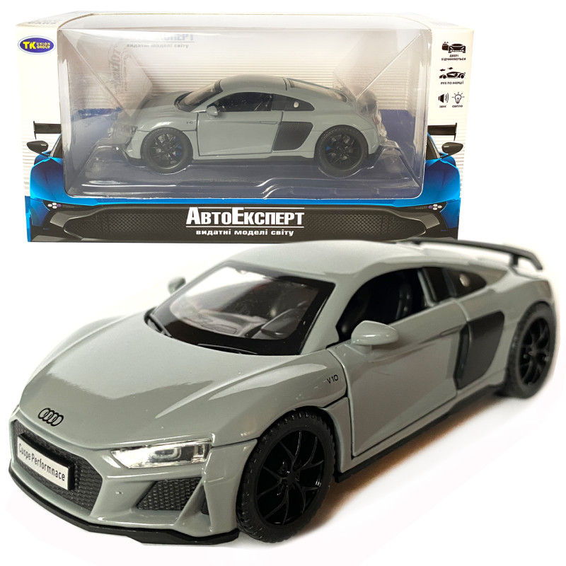 Іграшкова машинка металева Audi R8 V10 performance, Ауді, сіра, звук, світло, інерція, відкр двері, багажник, капот, Автоексперт, 1:32,14*7*4,5см (ТК-16650)