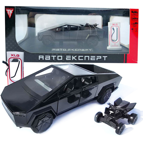 Машинка металева Tesla Cybertruck з мотоциклом чорна Тесла Кібертрак 1:24 відкр двері багажник капот інерція звук світло 17,5*6,5*6,5 см (EL 86545)