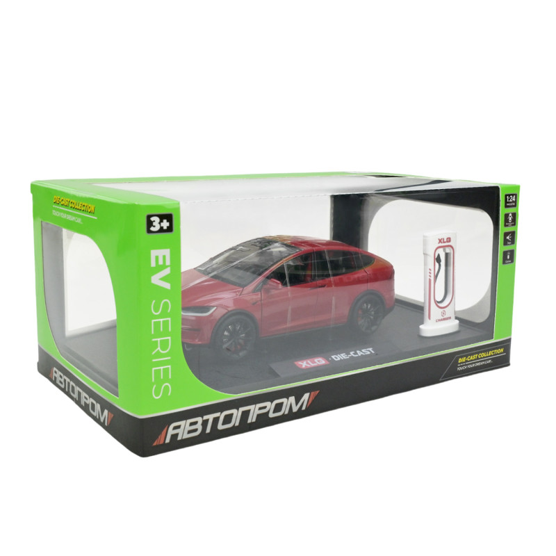 Машинка металева Tesla Model X Electrocar Тесла Модель X Електрокар червона 1:24 зарядна станція звук світло відч двері капот багажник гум колеса 18*6*8см (AP7712)
