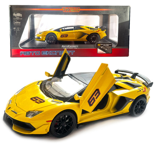Машинка металева Lamborghini Aventador SVJ63 ламборгіні 1:24 жовта звук світло відкр двері баг капот 21*6*9см (13115)