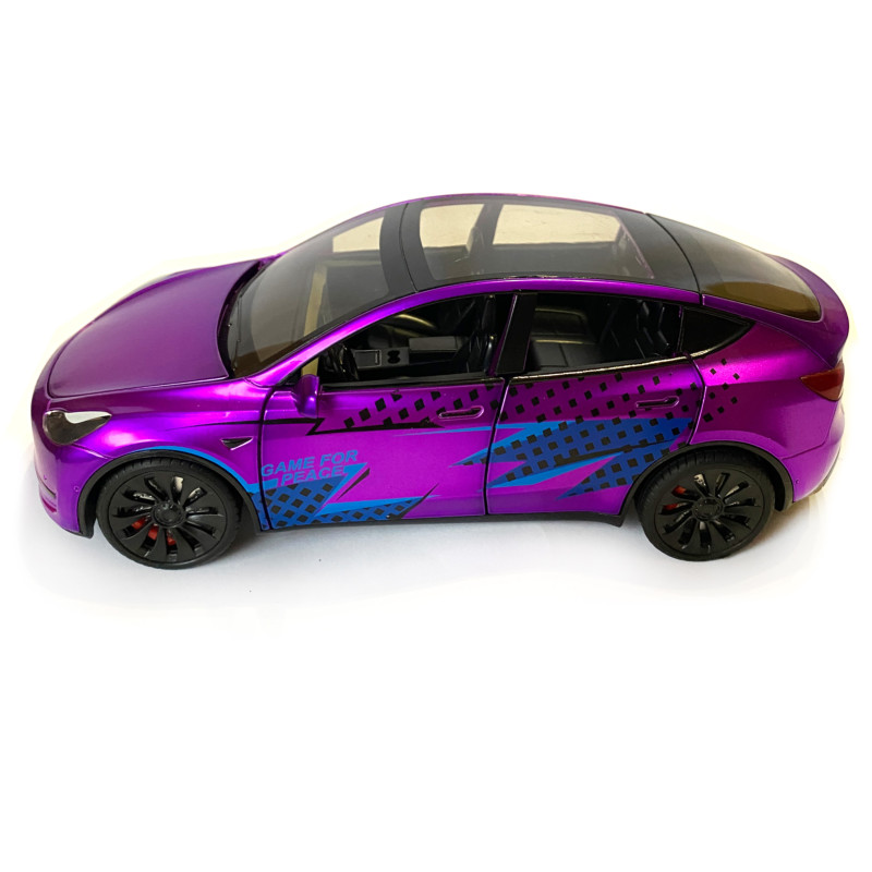 Машинка металева Tesla Model Y Electrocar Тесла Модель Y Електрокар фіолетова 1:24 зарядна станція звук світло відч двері капот багажник гум колеса 18*6*8см (AP-2002)