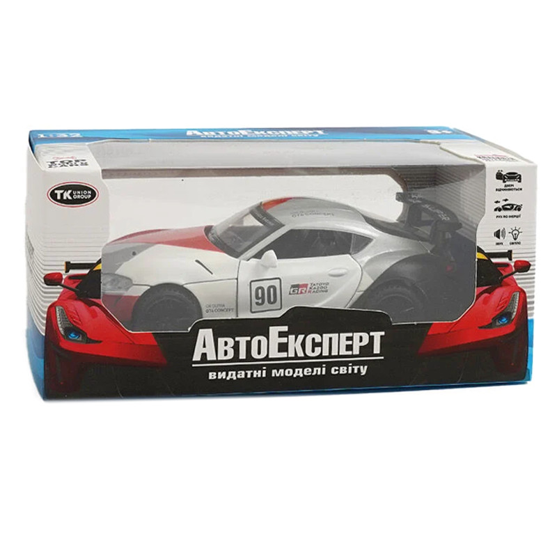 Машинка Toyota GR Supra GT4 Concept біло-червона Тойота 1:32 світло звук інерція відч двері баг капот 15*7*4,5см (21423)