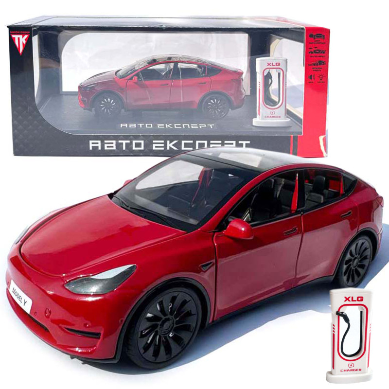 Машинка метал Tesla model Y електрокар червона Тесла 1:24 відкр двері баг капот звук світло 19*6,5*8,5см (EL 70333)