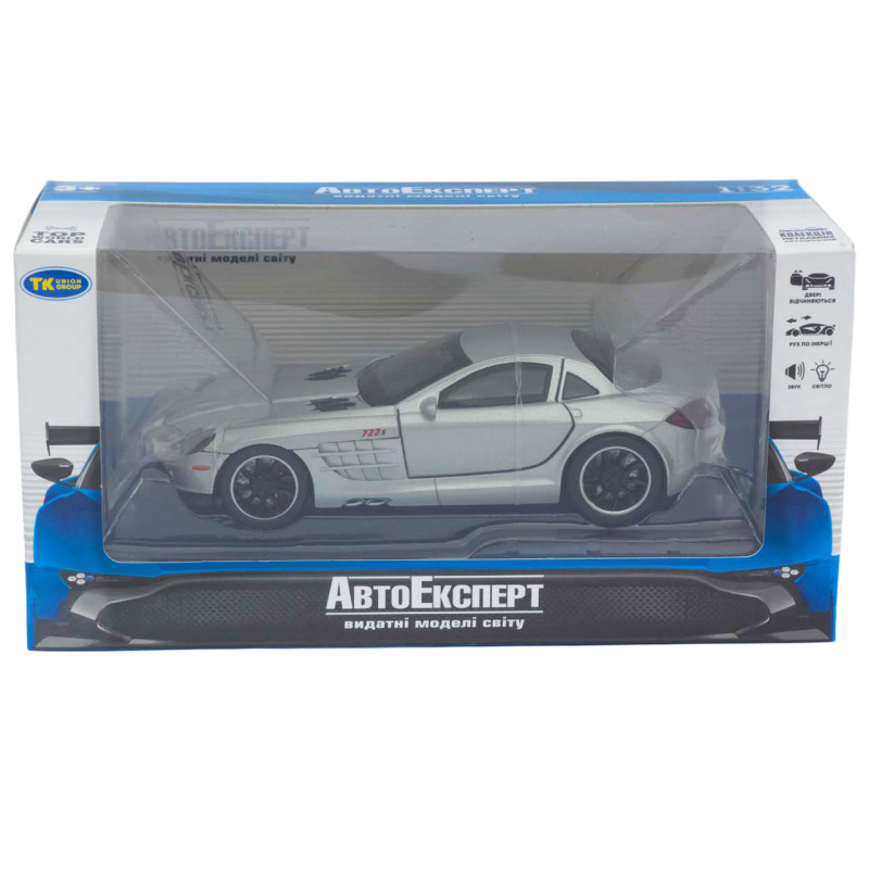 Машинка метал Mercedes-Benz SLR McLaren срібляста 1:32 світло звук відч двері капот багаж (TK-31160)