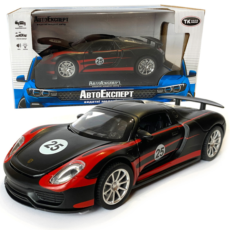 Машинка металева дитяча Porsche, Порше, чорний, світло, звук,інерція,відкриваються двері, капот, 1:32, 15*7*6см, (68791)