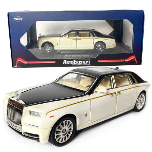 Машинка металева дитяча Rolls-Royce Ролс Ройс, білий з чорним, Автоексперт, 1:24, світло, інерція, відкриваються двері, багажник, капот, 21*5*7см (GT - 09396)