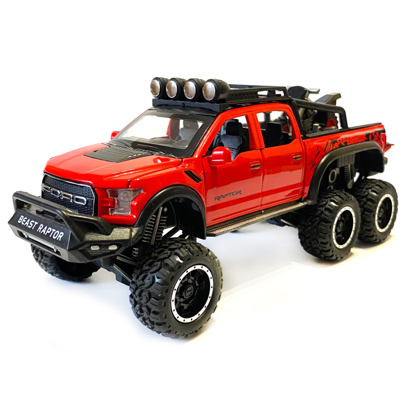 Машинка металева дитяча Ford Raptor з мотоциклом позашляховик, червоний, Автоексперт, 1:24, світло, інерція, відкриваються двері, багажник, капот, 21*9*9см (GT-02291/8762)