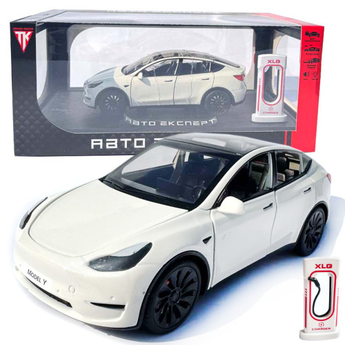 Машинка металева Tesla Model Y Електромобіль Тесла Модель Y біла 1:24 зарядна станція звук світло відч двері капот багажник гум колеса 19*6,5*8,5 см (EL 70333)