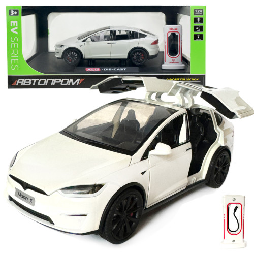 Машинка металева Tesla Model X Electrocar Тесла Модель X Електрокар біла 1:24 зарядна станція звук світло відч двері капот багажник гум колеса 18*6*8см (AP7712)