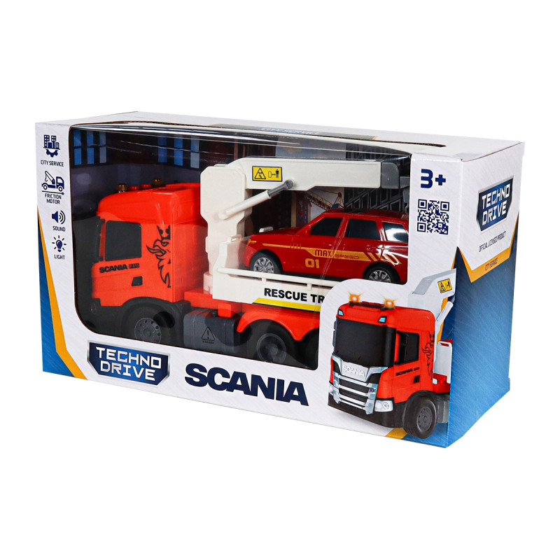 Евакуатор Scania з машинкою (світло, звук), Big Truck, TechnoDrive, 25х10х15см (6408KS)