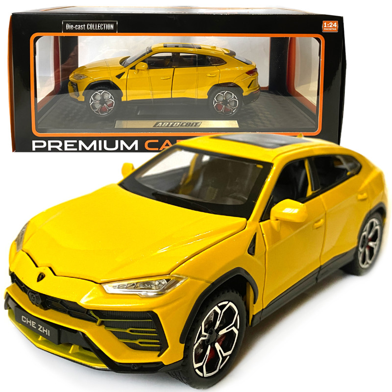 Машинка металева Lamborghini Urus Ламборгіні Урус жовта 1:24 звук світло інерція відкриваються двері багажник капот багажник резина колеса 20,5*8*8см (AP-2069)