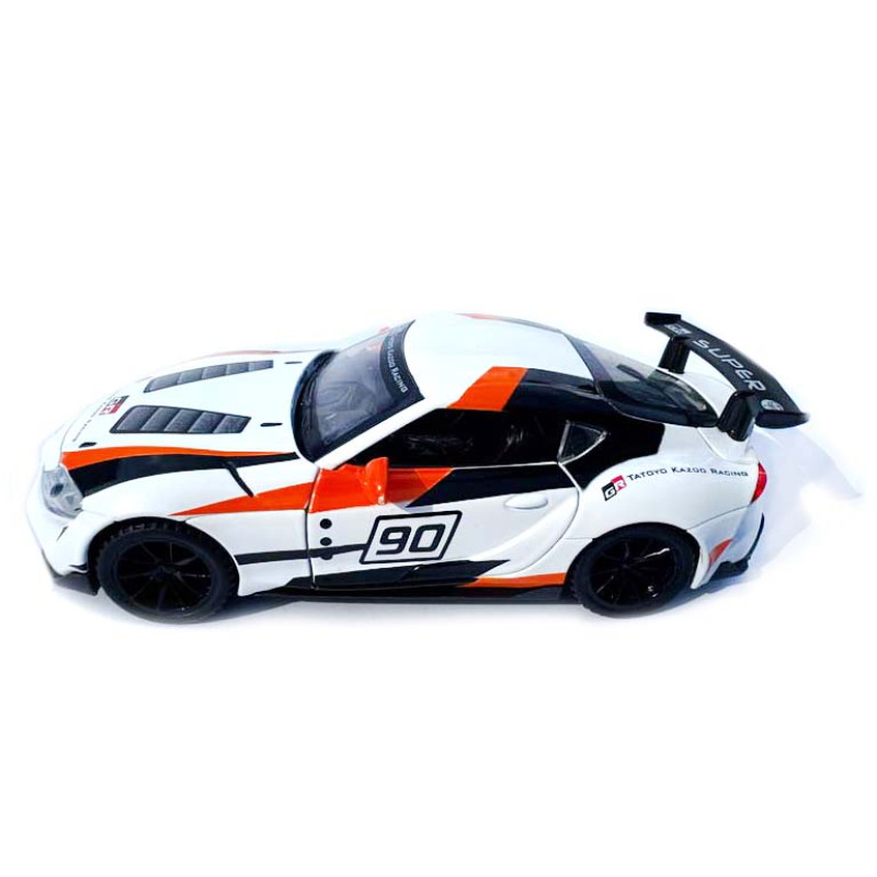 Машинка Toyota GR Supra GT4 Concept біло-оранджева Тойота 1:32 світло звук інерція відч двері баг капот 15*7*4,5см (21423)