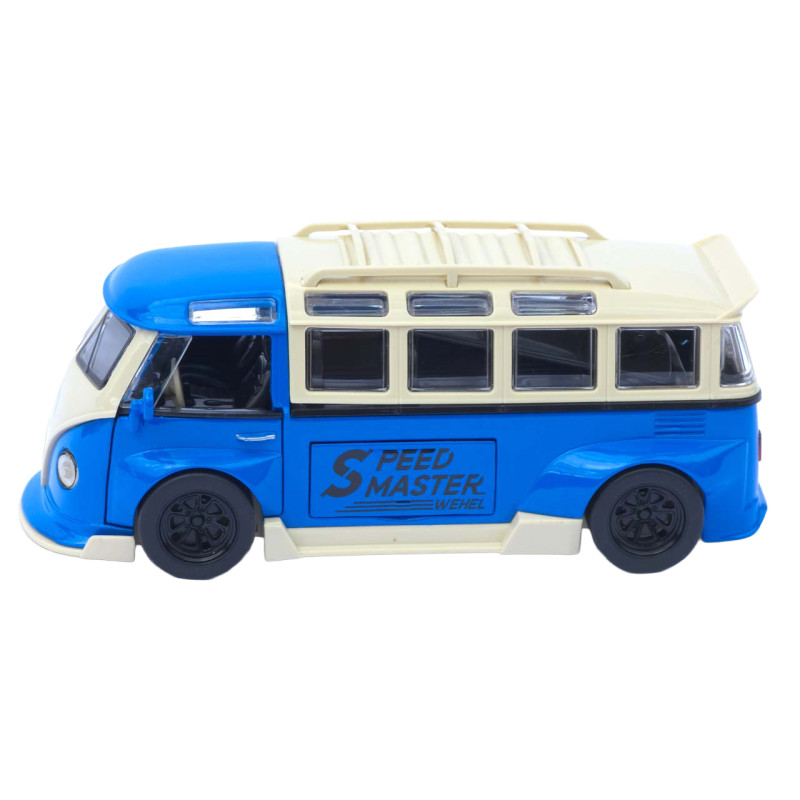 Машинка металл Volkswagen Type 2 (T1) синяя 1:32 свет звук инерция откр двери 2 доски (TK-19102)