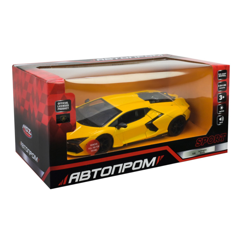 Машинка металева Lamborghini Revuelto Автопром жовта 1:24 світло звук відкр двері 20,5*8*5 см (68200A(Y))