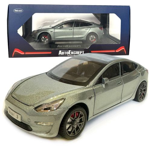 Машинка металева Tesla Model 3 Тесла сіра 1:24 звук світло інерція відкр двері багажник капот гумові колеса 20,5*8*7см (GT-9820) 