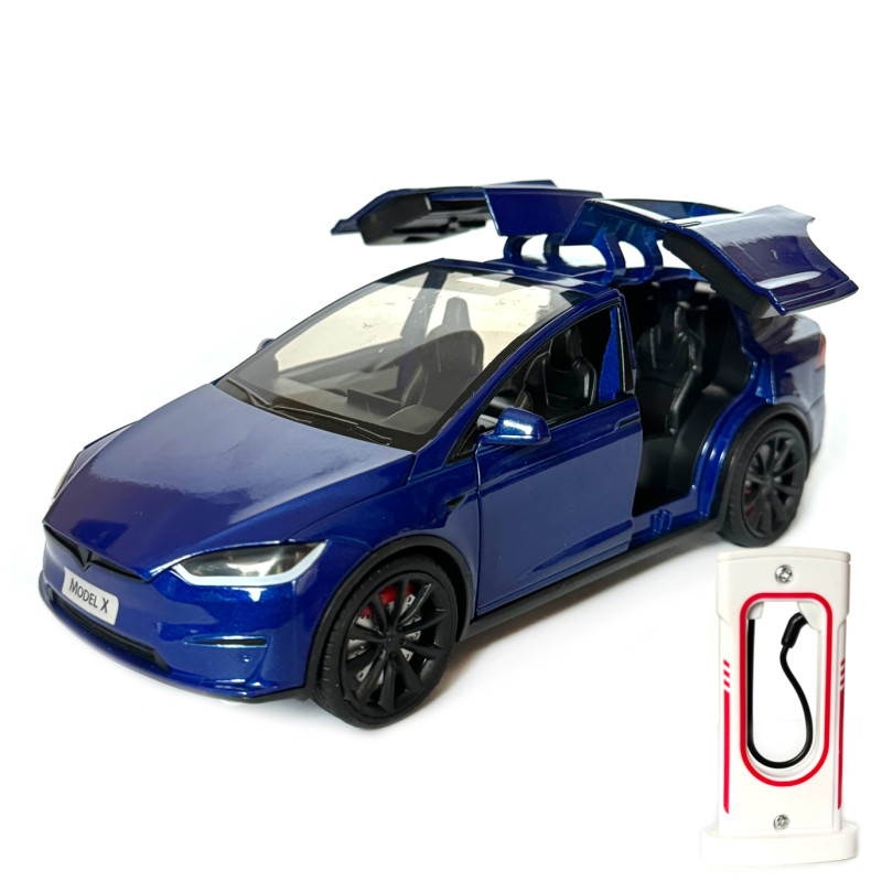 Машинка металева Tesla Model X Electrocar Тесла Модель X Електрокар синя 1:24 зарядна станція звук світло відч двері капот багажник гум колеса 18*6*8см (AP-2004)