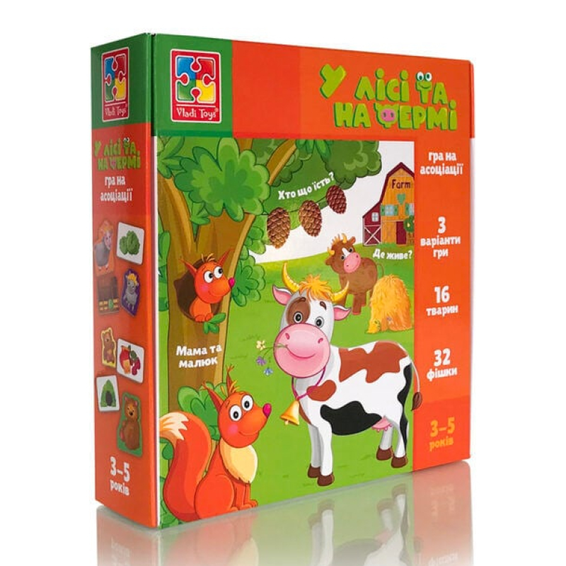 Настільна розвиваюча гра в асоціації "У лісі та на фермі" Vladi Toys, 32 картки, 2 фішки, укр (VT1804-46)