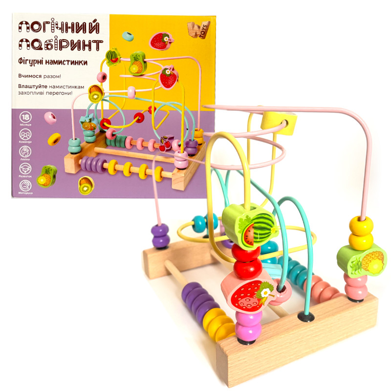 Пальчиковый лабиринт WToys дерево 2 счеты цветные бусинки фруктовые фигурки 21*15*20см (14026)