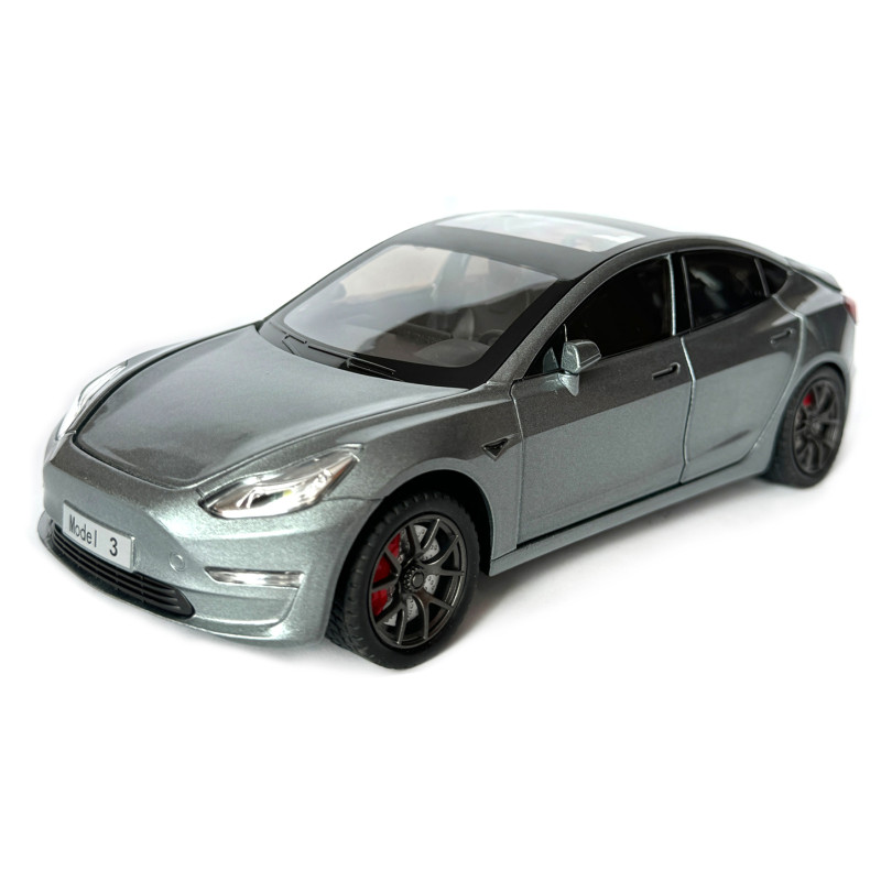 Машинка металева Tesla Model 3 Тесла сіра 1:24 звук світло інерція відкр двері багажник капот гумові колеса 20,5*8*7см (AP-2064)