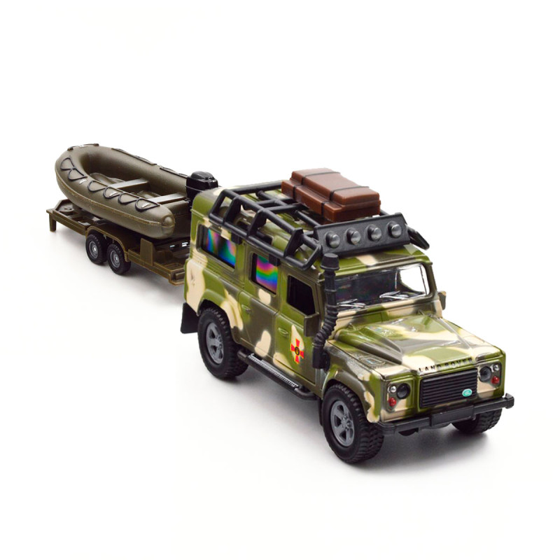 Игровой набор Land Rover Defender Миллитари с лодкой металл пластик длина с прицепом 27см (520191.270)