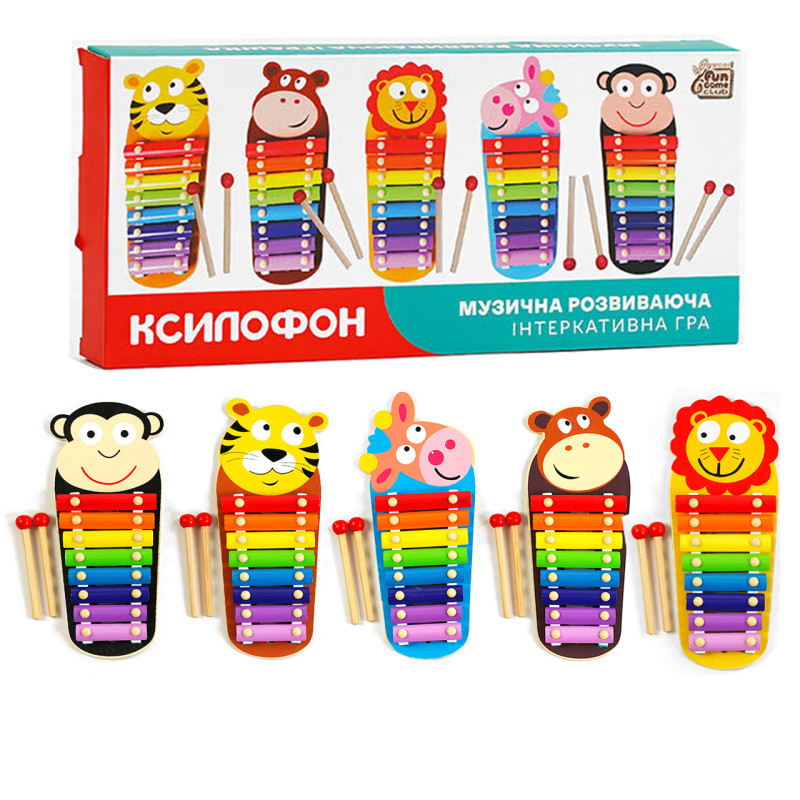 Ксилофон дерев`яний, тварини, палички "4FUN Game wood Club", 5 видів, в кор., 35*2,5*13 см. (77678)