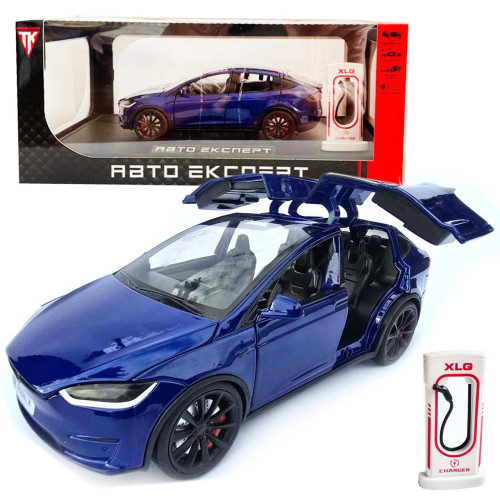Машинка метал Tesla model X електрокар синя Тесла 1:24 відкр двері баг капот звук світло 17,5*7,5*5,5см (EL 97188)