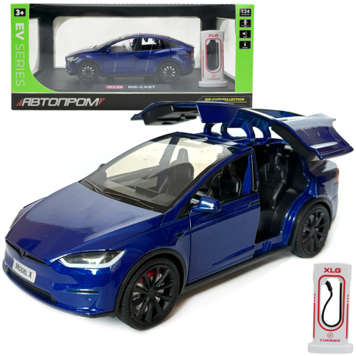 Машинка металева Tesla Model X Electrocar Тесла Модель X Електрокар синя 1:24 зарядна станція звук світло відч двері капот багажник гум колеса 18*6*8см (AP7712)