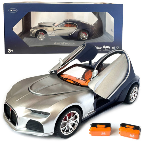 Машинка металева Bugatti Atlantic Бугатті Атлантік срібно-синя АвтоЕксперт 1:24 парогенерація світло звук 20*8,5*5,5 см (GT-70150)