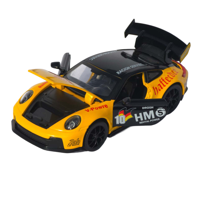 Машинка металл Porsche 911 GT3 RS Порше желтая 1:32 свет звук открыв двери капот багажник (TK-11356)