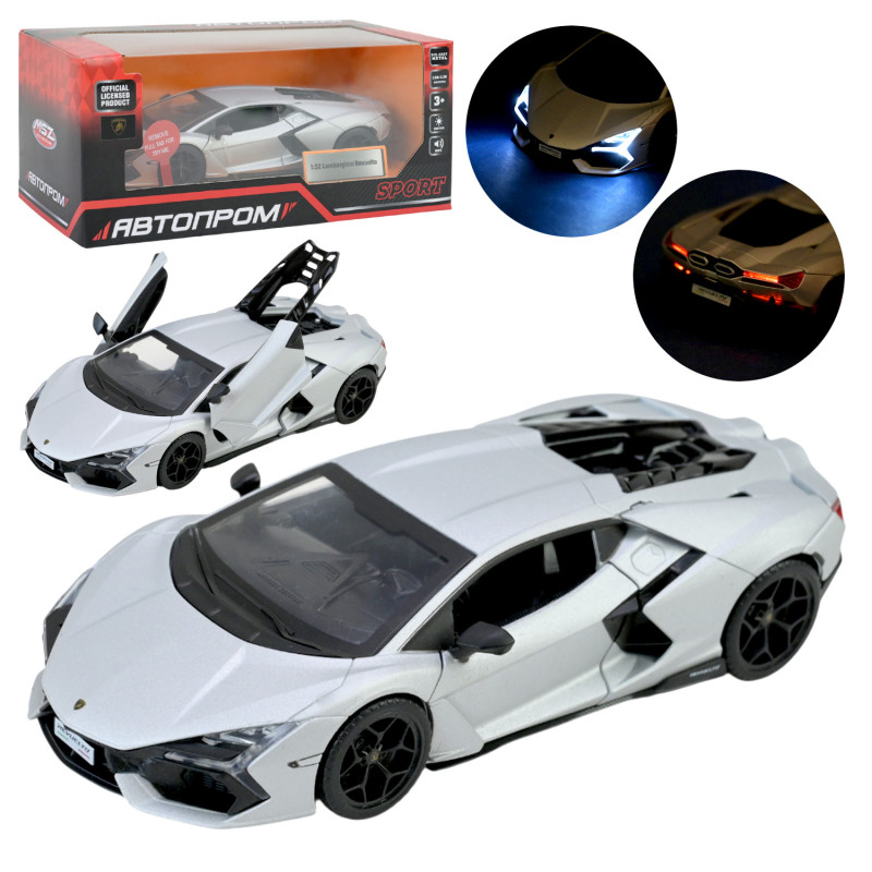 Машинка металева Lamborghini Revuelto Автопром 1:32 срібляста звук світло відкр двері (68737(G))