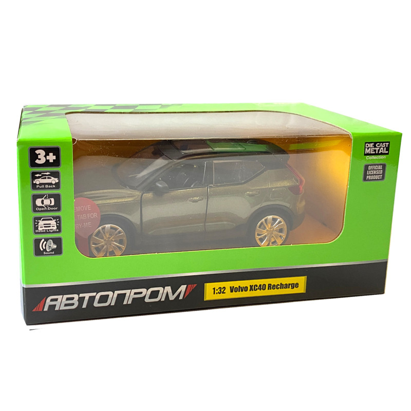 Машина металева Автопром 1:32 Volvo XC40 Recharge, зелена, бат., світло, звук, відкр.двері, 14*5,5*4 см (68411)