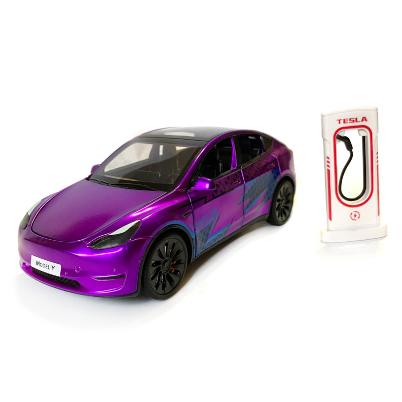 Машинка металева Tesla Model Y Electrocar Тесла Модель Y Електрокар фіолетова 1:24 зарядна станція звук світло відч двері капот багажник гум колеса 18*6*8см (AP-2002)