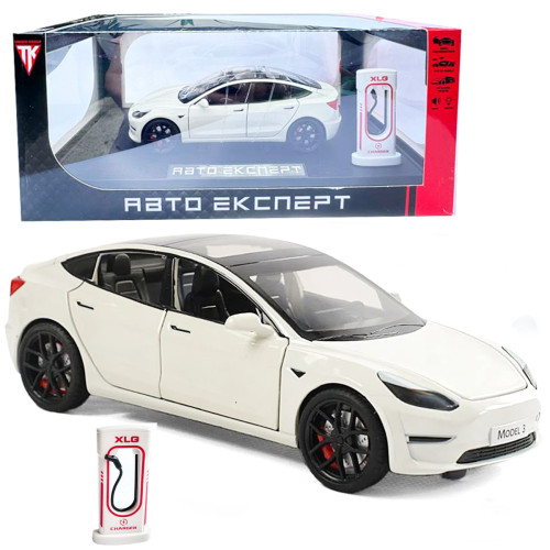 Машинка метал Tesla model 3 біла Тесла 1:24 відкр двері баг капот звук світло 18,5*6*8,5см (EL-94022)
