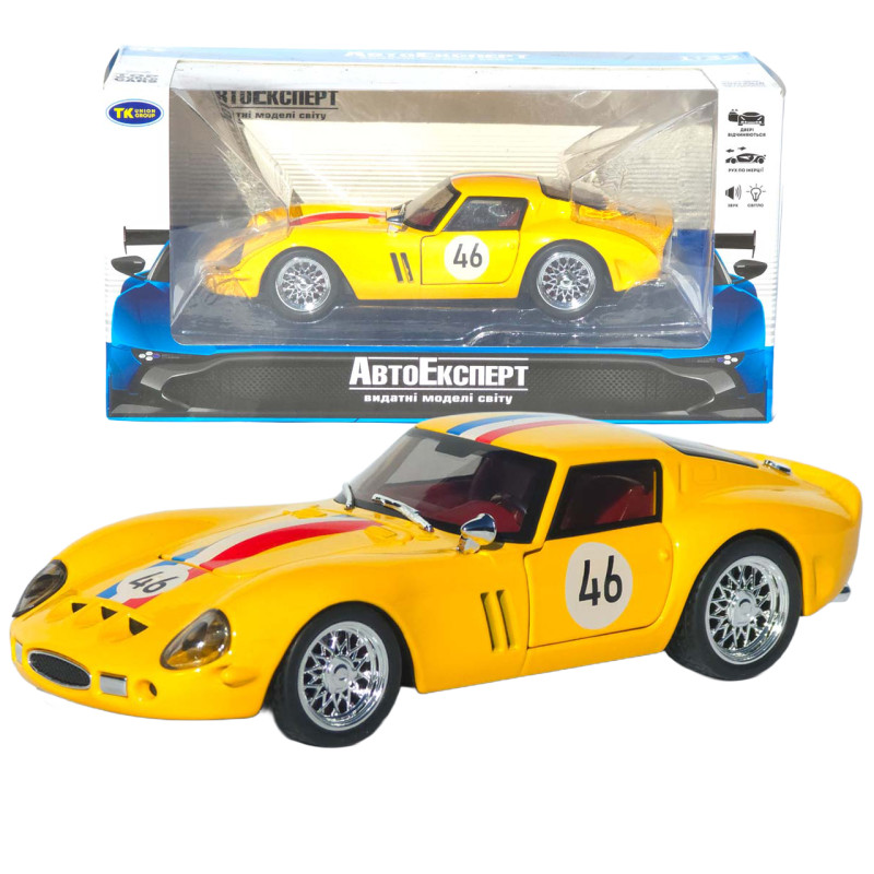 Машинка металл Ferrari 250 GTO желтая 1:32 свет звук инерция откр дверь капот багажник (TK-42580)