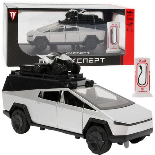 Машинка металл Tesla Cybertruck Тесла Кибертрак серебристая с кухней 1:24 звук свет инерция откр двери капот багажник (RS-32611)
